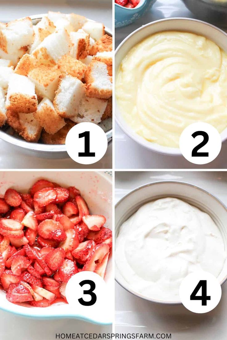 steps to make strawberry shortcakes with cream cheese frosting and strawberries in the bowl