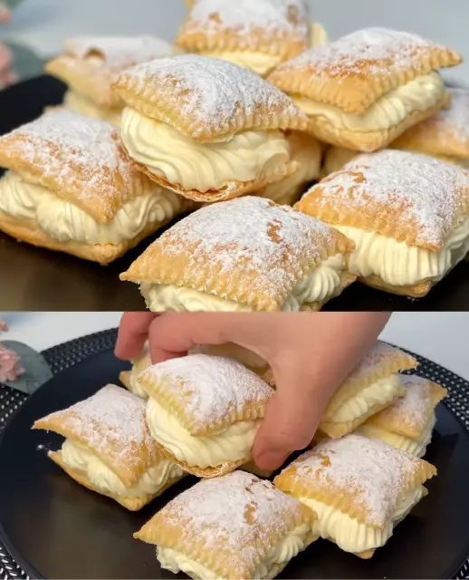 there are several pastries on the plate and one is being cut into small pieces