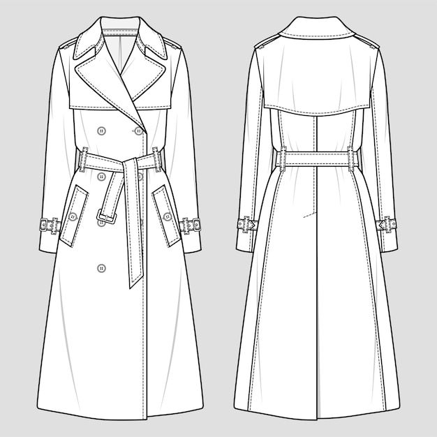 Trench Coat Art Reference, Coats Sketches, Trench Coat Sketch, Trench Coat Flat Sketch, Trench Coat Illustration, Trench Coat Technical Drawing, Trenchcoat Drawing, Trench Coat Drawing, Plat Fashion