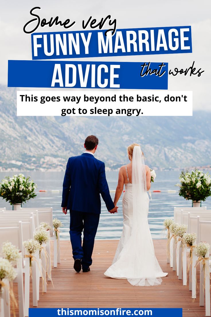 a bride and groom walking down the aisle at their wedding ceremony with text that reads, some very funny marriage advice