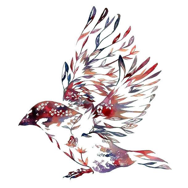 a watercolor painting of a bird with red, white and blue feathers on it's wings