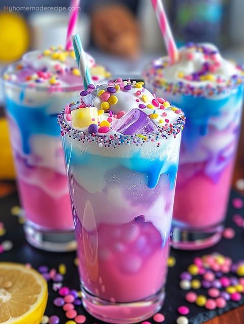 two glasses filled with colorful liquid and sprinkles next to an orange slice