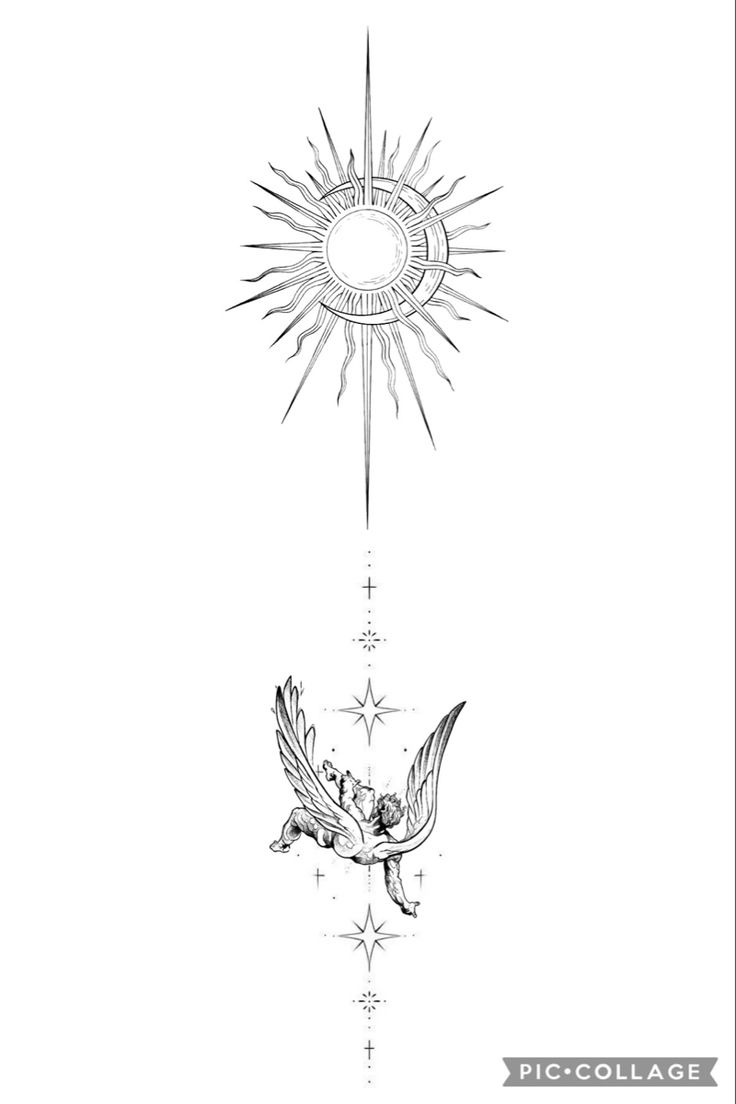 a drawing of an angel flying in the sky with a star above it and another drawing of