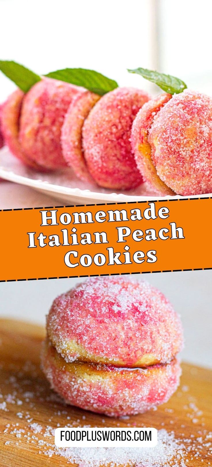 homemade italian peach cookies on a plate with powdered sugar and sprinkles