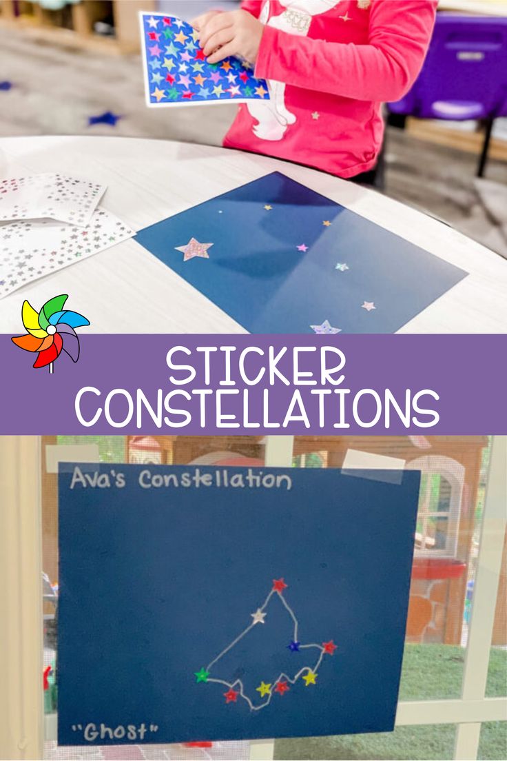 This fine motor sticker constellation activity is out of this world! When learning about Earth Day, you can also explore the planets, moon, and stars in the sky! 🌟 Learn more about this activity HERE!  #Prek #Preschool #Prekindergarten #Homeschool #Kindergarten Preschool Sky Activities, Moon And Stars Preschool Activities, Moon Lesson Plans Preschool, Space Craft Kindergarten, Night Sky Preschool Activities, Day And Night Toddler Activities, Galaxy Preschool Activities, Space Theme Crafts Preschool, Preschool Moon Activities