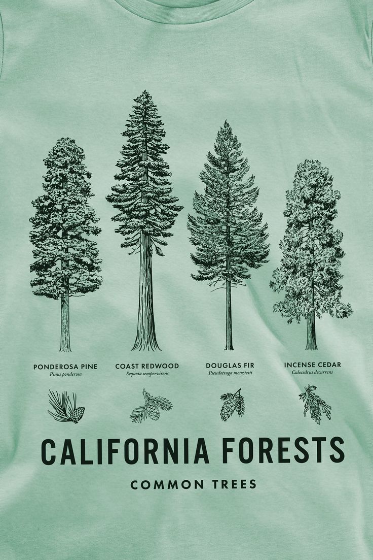 the california forests t - shirt is shown in green and features different types of trees