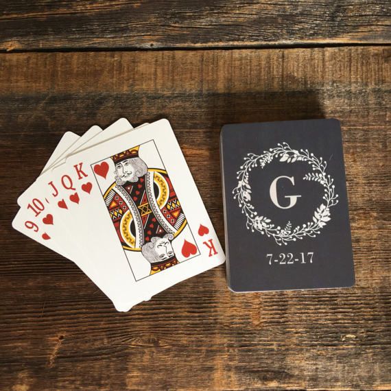 four playing cards with the letter g on them next to a deck of poker chips