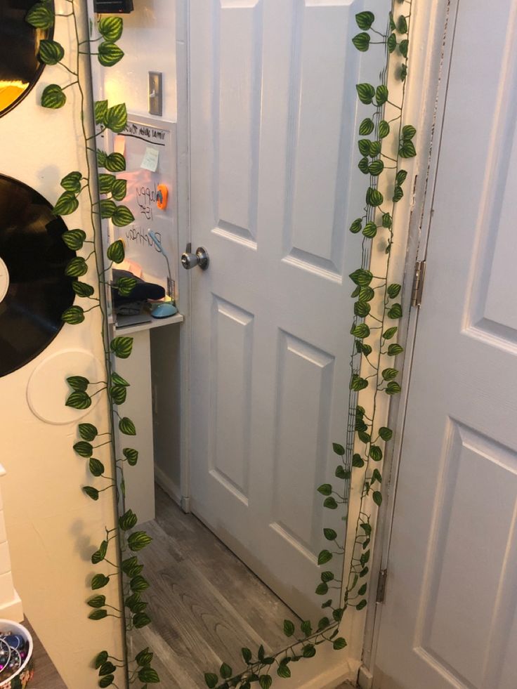 an open door with plants growing on the side and vinyl records in front of it