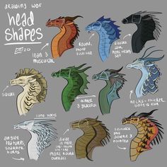 the head shapes for different types of dragon heads are shown in this drawing technique, which includes