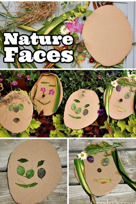 four different pictures of nature faces made out of cardboard and paper with flowers in the background