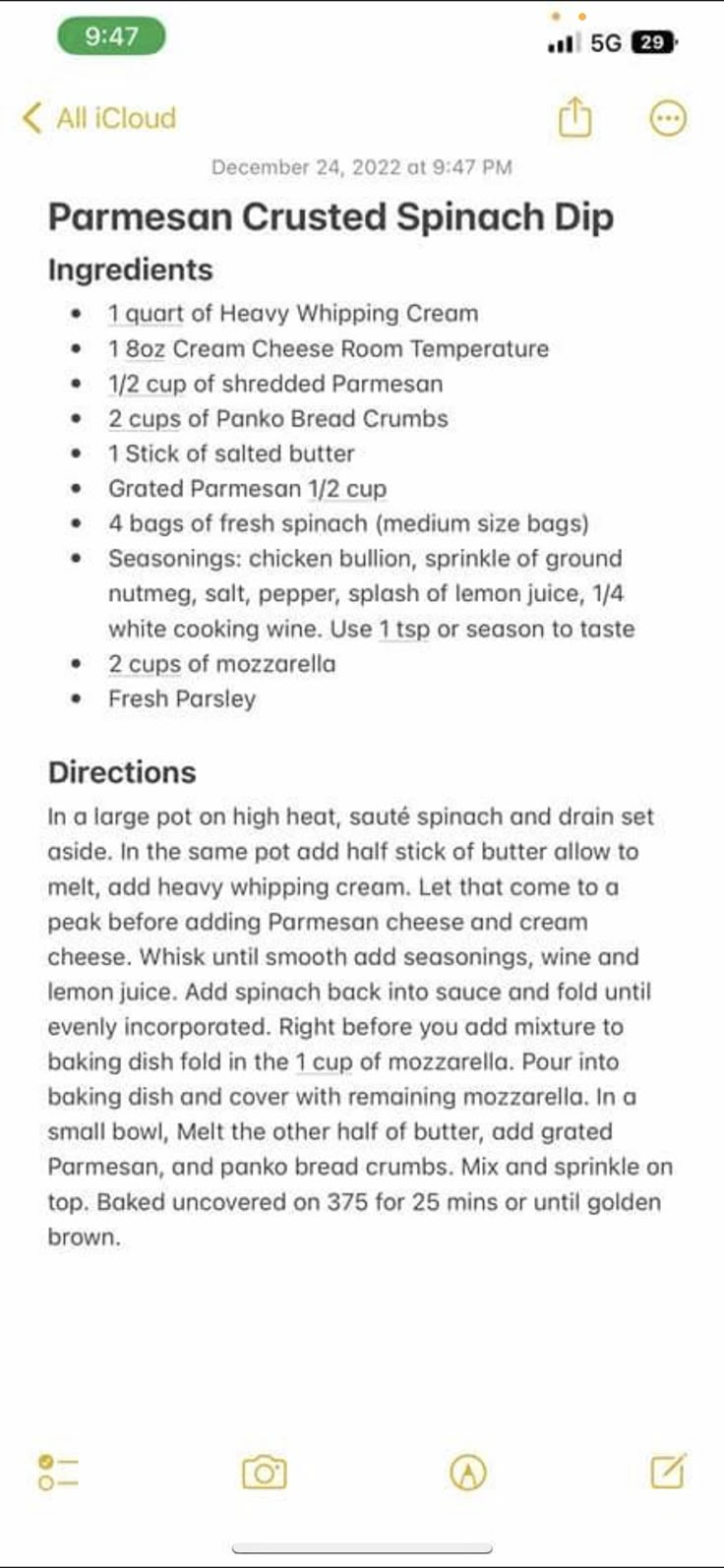 an iphone screen showing the recipe for parmesan crusted spinach dips