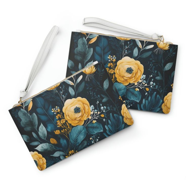 Looking for the perfect clutch bag to complete your outfit? Look no further than our Deep Teal and Yellow Floral Pattern Clutch Bag. Designed with the on-the-go fashionista in mind, this bag features a loop handle that frees up your hands for shopping, dancing, or whatever your heart desires. It's perfectly sized to fit your everyday essentials such as your phone, wallet, and keys without weighing you down. And with its zip fastening and fully lined internal pocket, your items will be safe and s Trendy On-the-go Wristlet Clutch, Chic On-the-go Wristlet Clutch, Shopping Clutch With Handles, Chic Zipper Pouch Wristlet, Trendy Clutch With Detachable Handle, Chic Rectangular Wristlet Gift, Chic Rectangular Wristlet For Gift, Chic Everyday Handheld Wristlet, Trendy Pouch Clutch With Detachable Handle