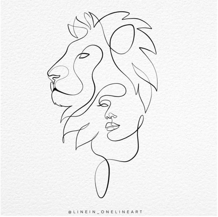 a line drawing of two faces, one with a lion's head on it