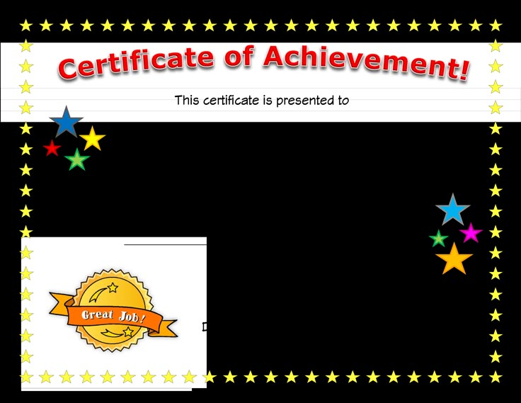 certificate of achievement with stars and ribbons on the front, in red and yellow colors