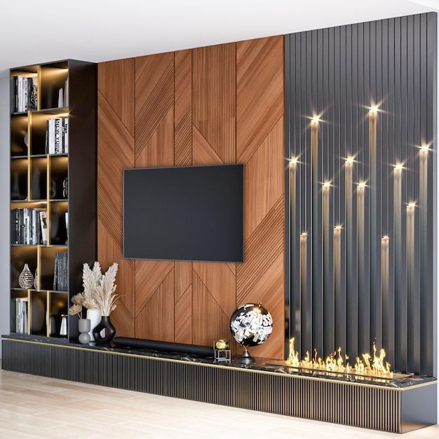 a modern living room with wood paneling and black fireplace surrounder, television on the wall