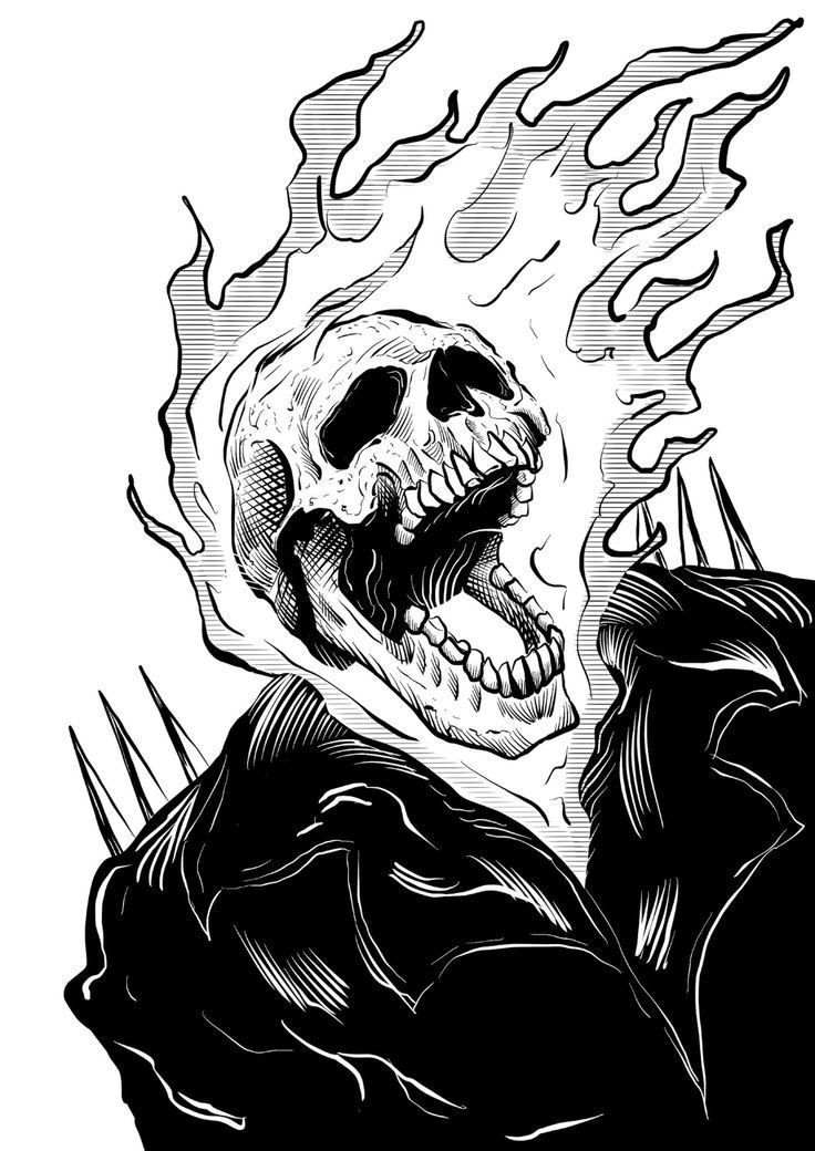 a drawing of a skull with flames coming out of it