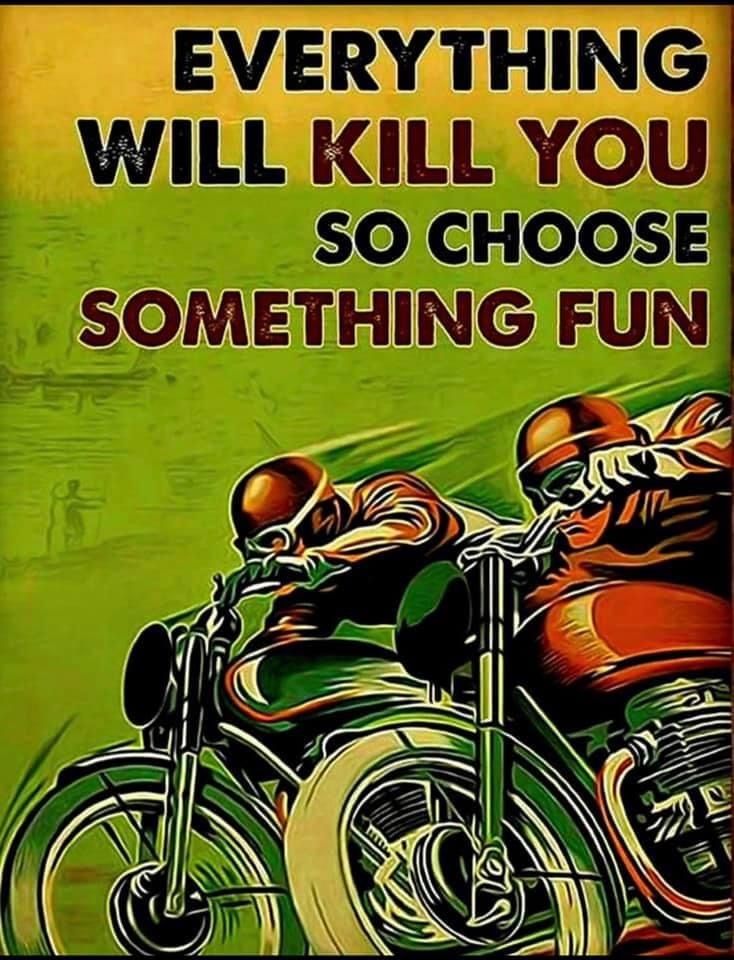 a poster with an image of two people on a motorcycle and the words, everything will kill you so choose something fun