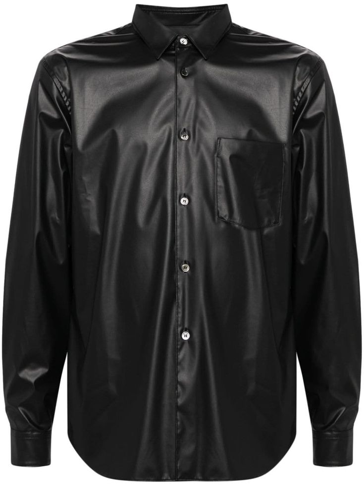 black button fastening buttoned cuffs chest patch pocket classic collar long sleeves curved hem Mens Leather Shirt, Faux Leather Shirt, Leather Shirt, Collar Shirt, Black Button, Comme Des Garcons, Collar Shirts, Patch Pocket, Black Shirt