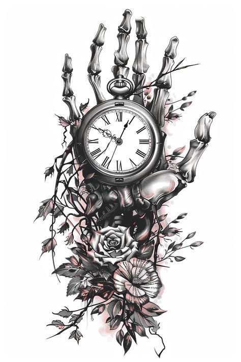 a drawing of a clock with roses and bones on the bottom half of its face