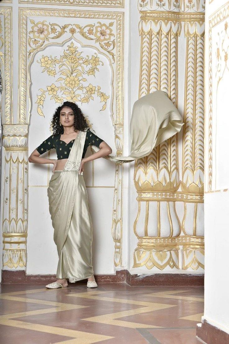 Oyster Grey Satin Drape Saree - Trendroots Elegant Festival Pre-draped Saree With Resham Embroidery, Elegant Designer Pre-draped Saree With Resham Embroidery, Elegant Silk Pre-draped Saree For Festive Occasions, Elegant Georgette Pre-draped Saree With Zari Work, Elegant Chanderi Pre-draped Saree With Zari Work, Elegant Pre-draped Saree With Resham Embroidery For Reception, Elegant Festive Pre-draped Saree With Resham Embroidery, Elegant Pre-draped Saree With Zari Work, Elegant Fitted Pre-draped Saree For Navratri