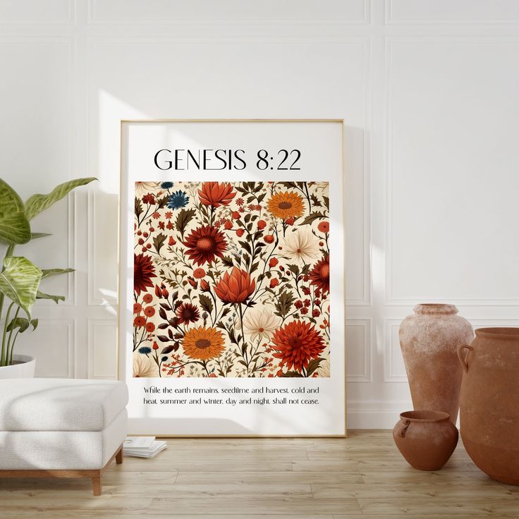 a framed poster on the wall next to two vases and a potted plant