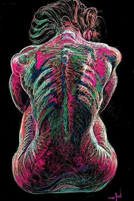 a drawing of a woman's back with colorful lines on the body and shoulders