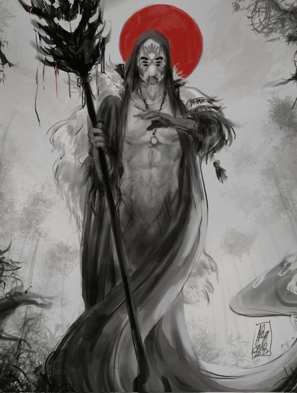 a drawing of a demon holding a red circle above his head and standing in the woods