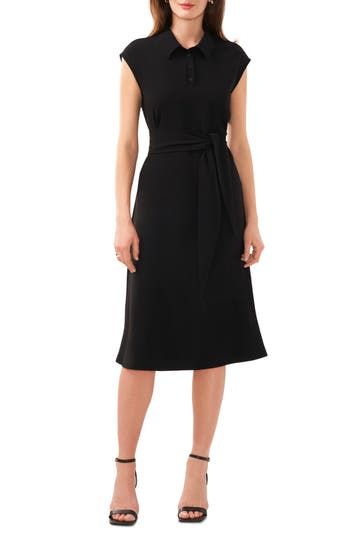 A petite button placket and a simple sash polish this desk-to-dinner dress cut to a versatile midi length. 45 1/2" length (size Medium) Three-button closure Spread collar Cap sleeves Removable sash Unlined 100% polyester Machine wash, dry flat Imported Chic Black A-line Belted Dress, Black Belted Midi Dress For Semi-formal Occasions, Classic A-line Midi Dress For Date Night, Elegant Belted Knee-length Midi Dress, Elegant Short Sleeve Midi Dress With Tie Waist, Elegant Solid Color Dress With Tie Waist, Elegant Knee-length Belted Midi Dress, Elegant Solid Dress With Tie Waist, Belted Long Sleeve Midi Dress For Work