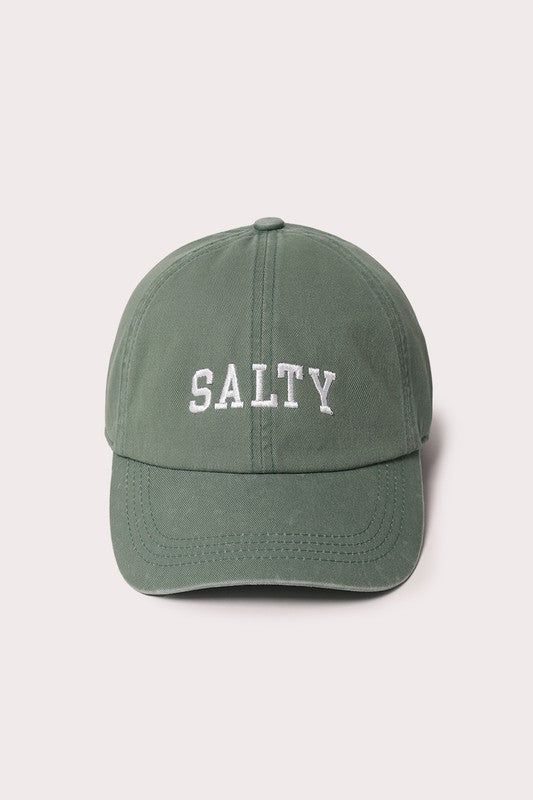 - Best selling Salty baseball cap! - 100% Cotton - One size fits most Green Letter Print Baseball Cap, Casual Fitted Visor Hat For Baseball Season, Casual Visor Fitted Hat For Baseball Season, Casual Fitted Hat With Letter Print And Curved Visor, Casual Fitted Hat With Curved Visor And Letter Print, Casual Fitted Hat With Letter Print, Summer Baseball Cap With Letter Print And Curved Visor, Green Baseball Cap For Baseball Season, Summer Baseball Cap With Letter Print