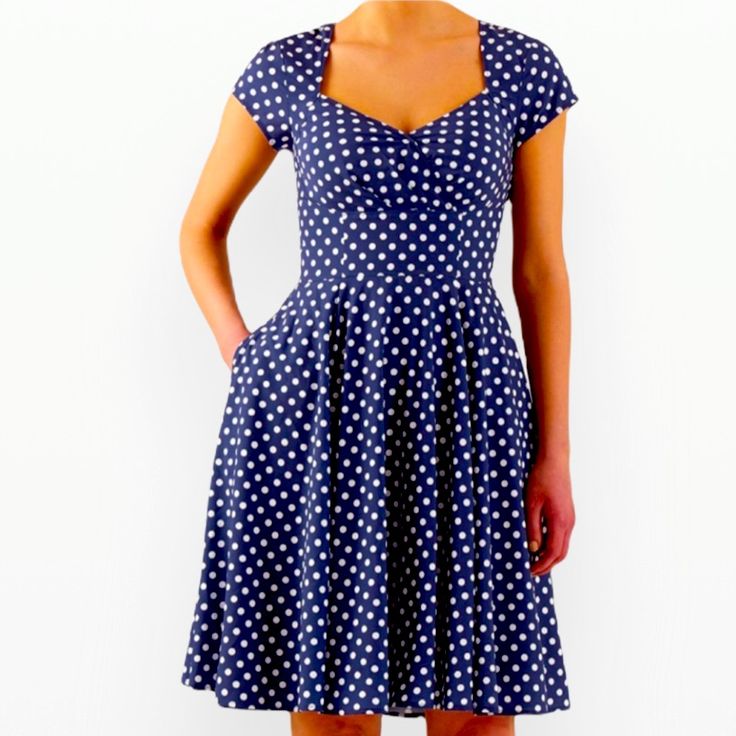 Vintage Style Polka Dress Approximately Measurements * Length 40” Bust 16.5” Waist 15” Condition Brand New No Tags First Pic Just For Reference No Pockets In The Actual Dress Navy Fitted A-line Midi Dress, Blue Midi-length Dress With Fitted Waist, Blue Midi Length Dress With Fitted Waist, Blue Midi Dress With Fitted Waist, Casual Fitted Polka Dot Midi Dress, Navy Fitted Knee-length Dress, Blue V-neck Dress With Fitted Waist, Navy Fitted Midi Dress For Summer, Blue Midi Dress With Flattering Silhouette For Summer