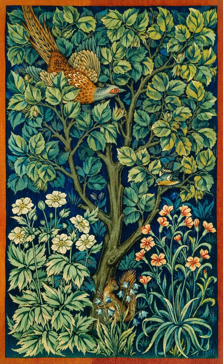 an image of a tree with birds and flowers in the foreground, on a blue background