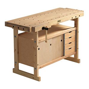 a wooden workbench with drawers and pegs on the bottom shelf for storage