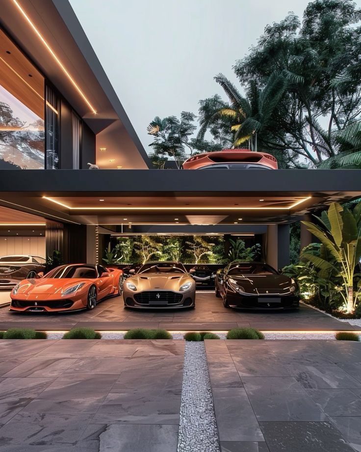 three exotic sports cars parked in front of a modern house at dusk with palm trees