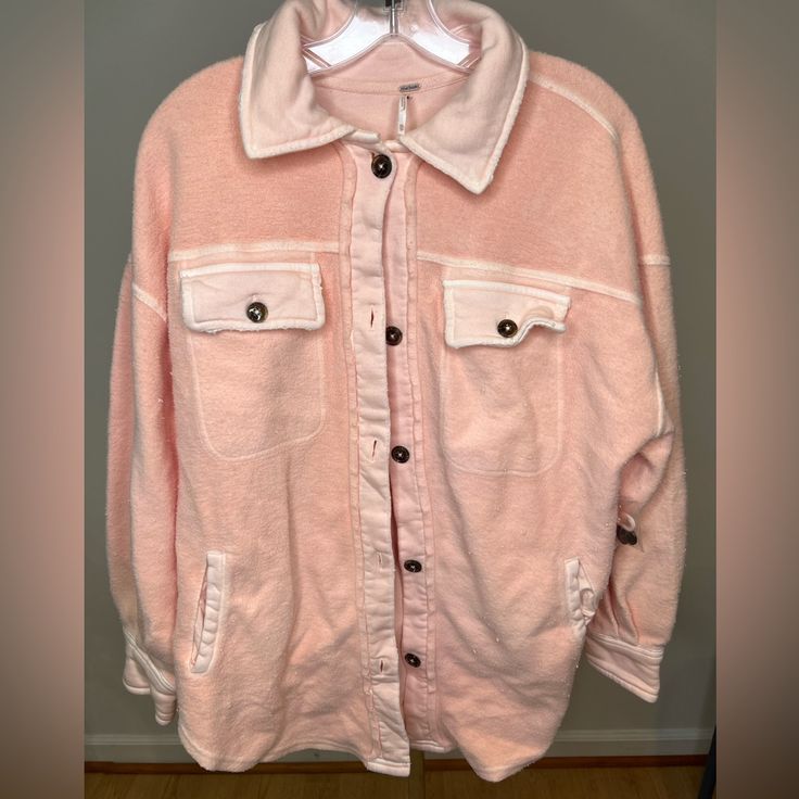 Brand: Free People Style: Ruby Jacket Color: Sweetheart; Light Pink Size: Xsmall Condition: Brand New Without Tags; Extra Buttons Included Pink Collared Shacket For Winter, Oversized Pink Outerwear With Button Closure, Pink Outerwear With Pockets For Loungewear, Pink Oversized Long Sleeve Outerwear, Oversized Pink Long Sleeve Outerwear, Pink Winter Casual Shacket, Pink Long Sleeve Winter Shacket, Pink Casual Winter Shacket, Pink Long Sleeve Shacket For Winter