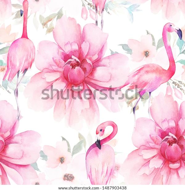 watercolor pink flamingos and flowers on a white background stock photo royalty free image