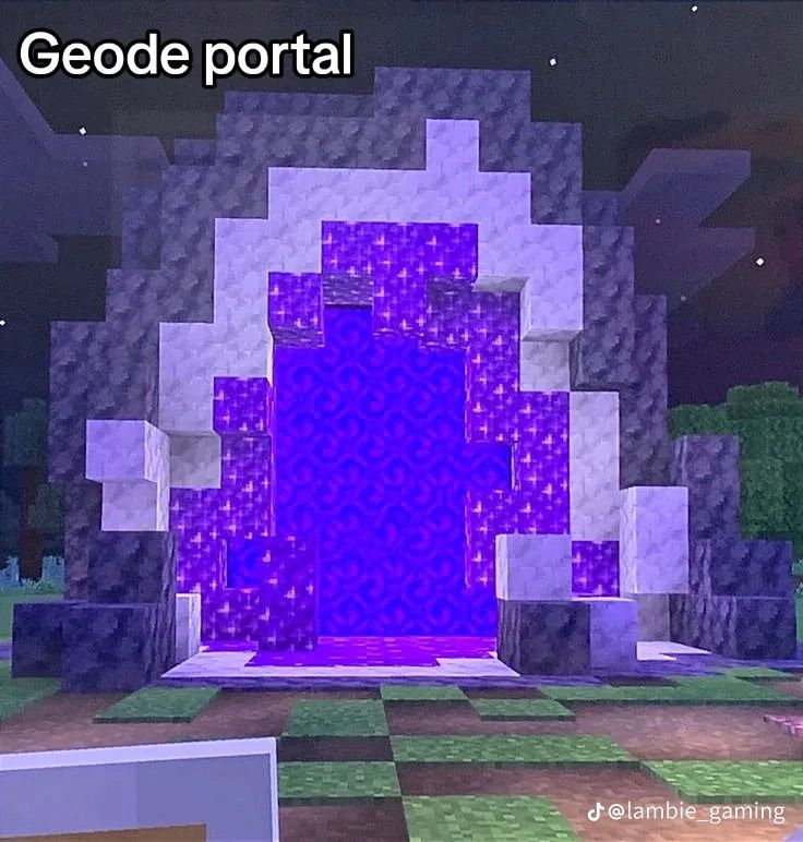 an image of a purple door in the middle of a minecraft room with grass and rocks