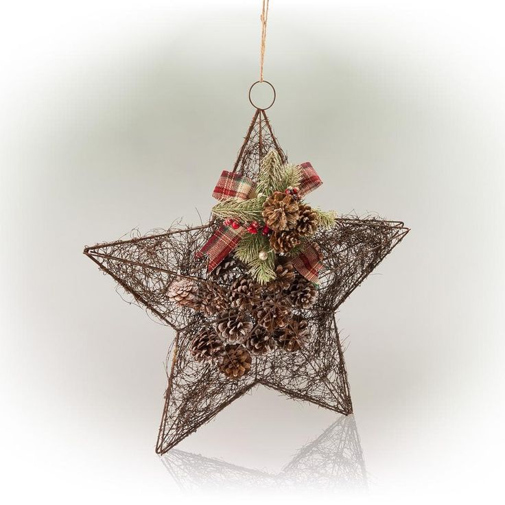 a star ornament with pine cones and plaid bows hanging from it's side