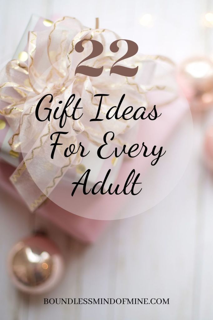 a pink present box with the words 22 gift ideas for every adult on it and gold ornaments