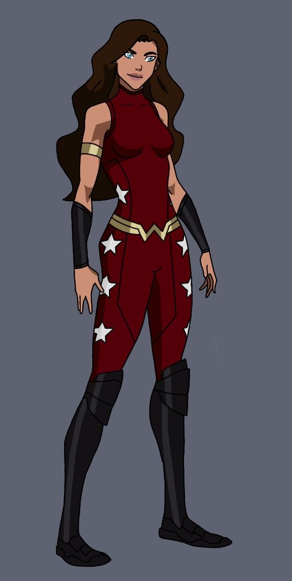 a woman in a red and black outfit with stars on her chest, standing next to a