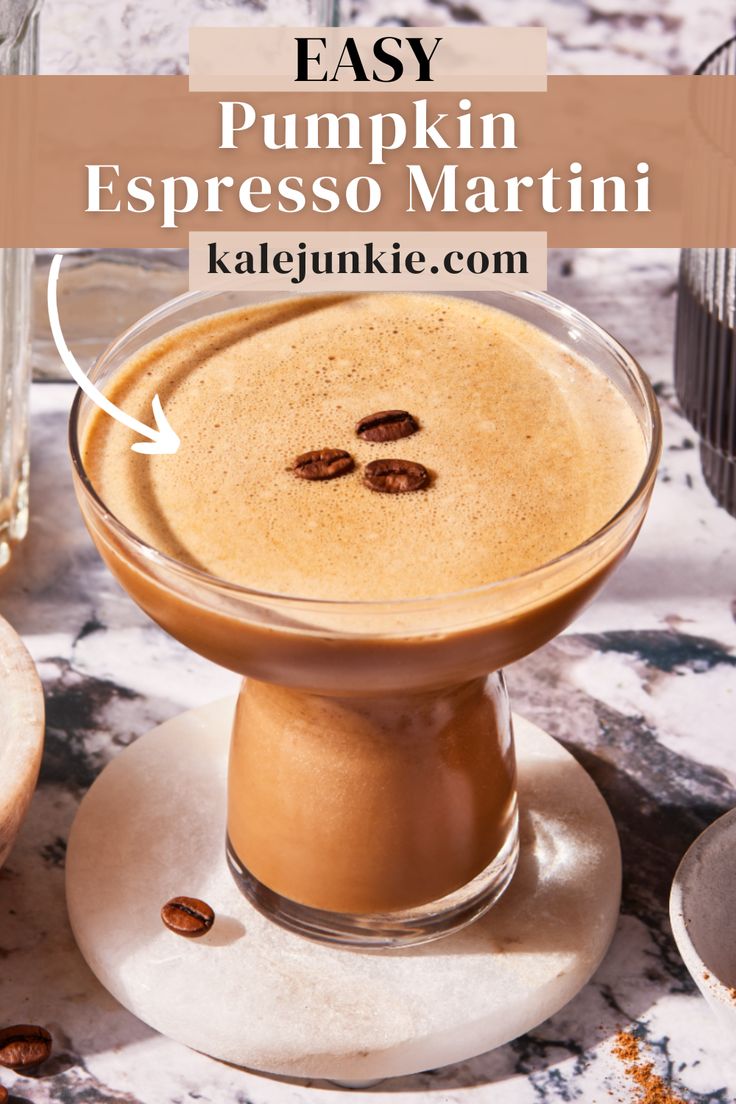 an espresso martini in a glass with the words easy pumpkin espresso martini