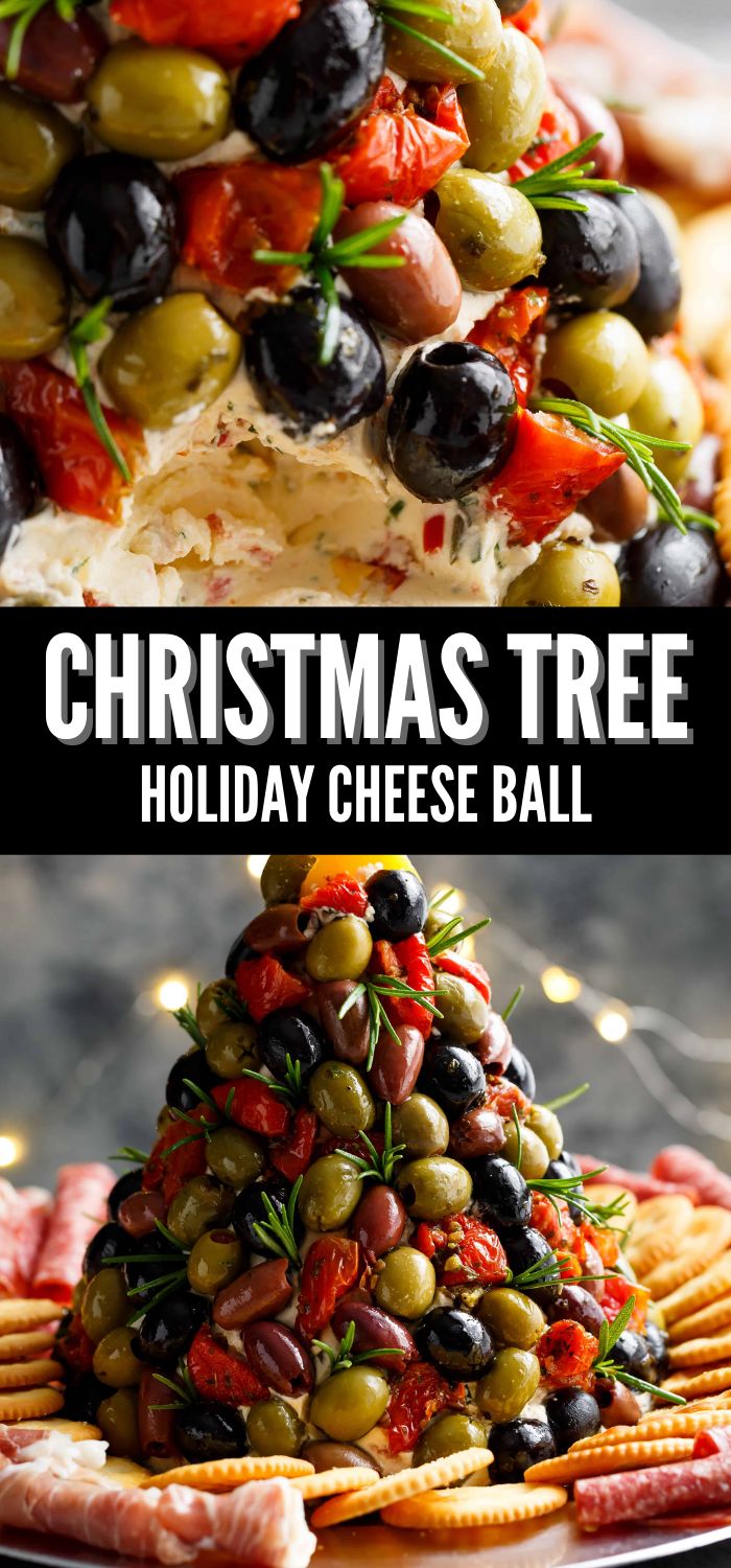 a christmas tree made out of olives and cheese