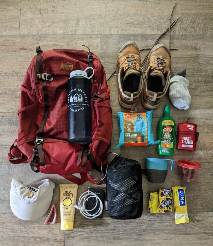 the contents of a backpack laid out on top of a wooden floor next to shoes