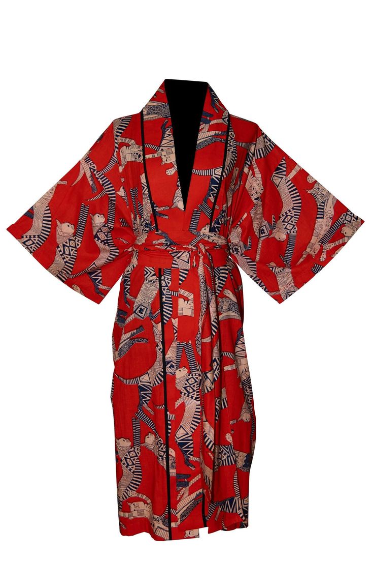 The fabric is easy to clean and easy to wear. The soft cotton, gentle material and luxurious drape, whether you're lounging or layering, this kimono cover up will make you feel like a queen. With a loose swing shape for an easy, flowy fit makes this robe extremely comfortable and elegant to wear. The print covers the entire front and back panel and is piped in a lovely contrast colour. Use the belt included with the dress if you prefer a more fitted look. Our kimono comes in 4 sizes and 3 length Cotton Open Front Robe For Loungewear, Open Front Cotton Robe For Loungewear, Long Printed Robe For Loungewear, Summer Home Kimono With Kimono Sleeves, Cotton Kimono With Kimono Sleeves For Loungewear, Red Cotton Kimono For Vacation, Red Summer Robe With Kimono Sleeves, Red Wrap Kimono For Beach, Long Summer Sleep Kimono