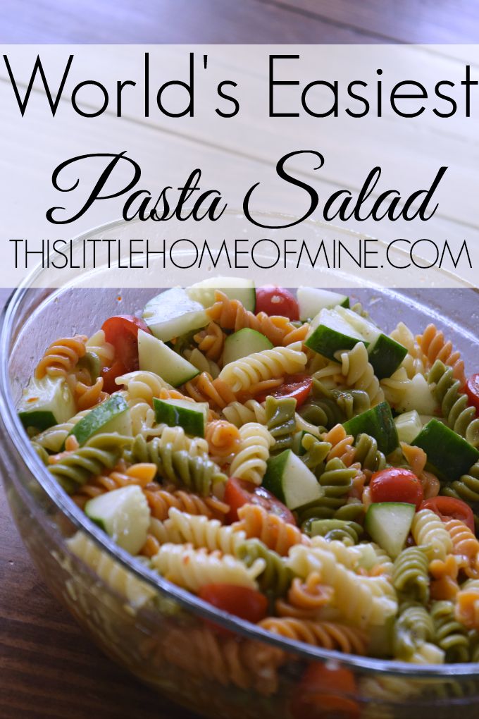 pasta salad in a glass bowl with the words world's fastest pasta salad