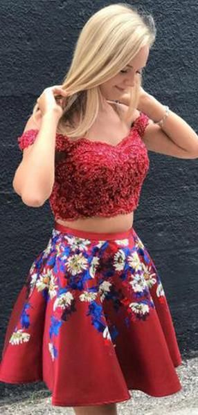 Two Piece Red Off Shoulder Beading Floral Homecoming Dresses,HD0023 Off The Shoulder Homecoming Dress, Floral Homecoming Dresses, Short Homecoming Dresses, Mini Prom Dresses, Formal Ball Gown, Satin Homecoming Dress, Two Piece Homecoming Dress, Short Prom Dress, Short Cocktail Dress