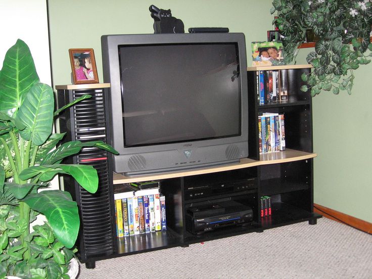 a television sitting on top of a wooden shelf next to a potted green plant