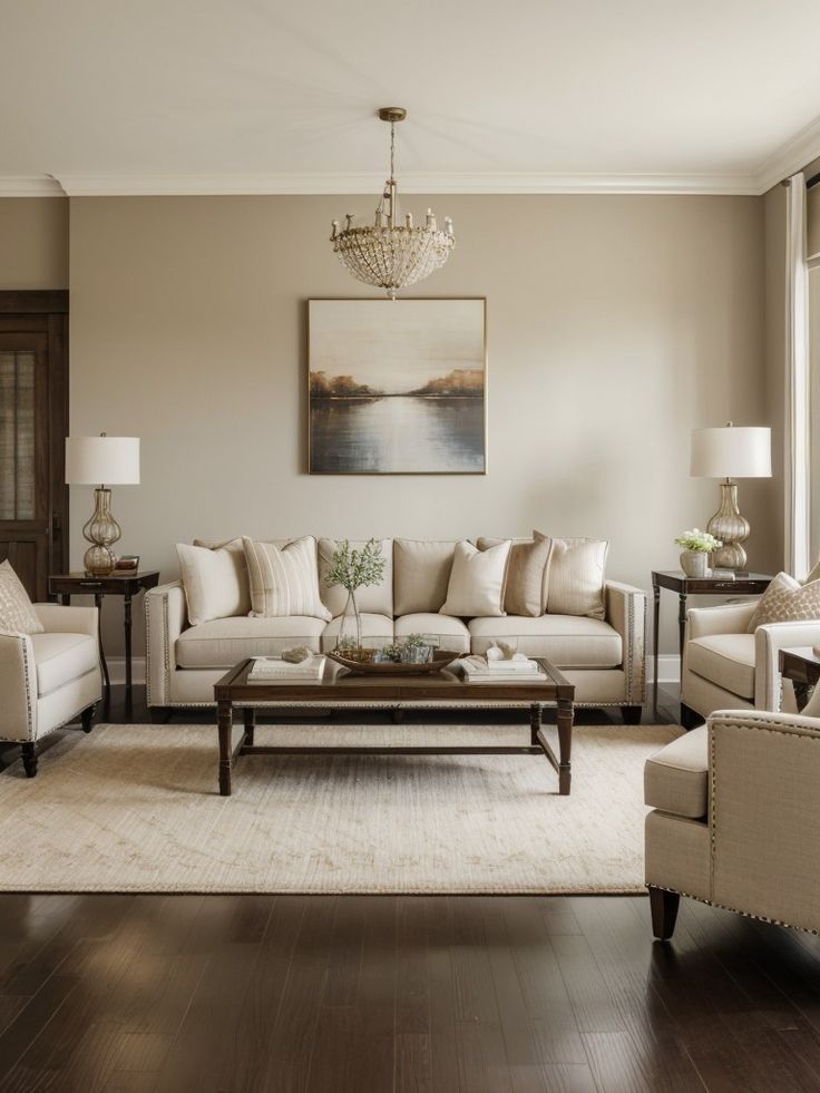 a living room filled with furniture and a chandelier