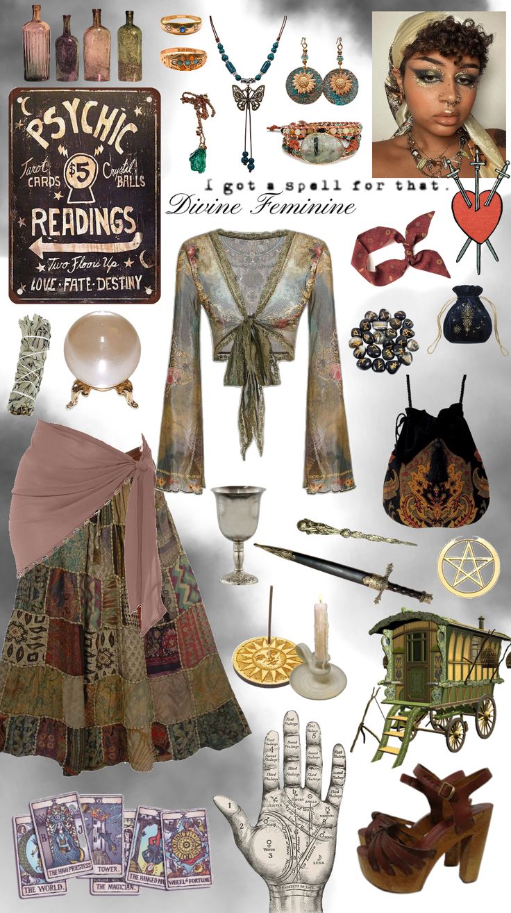 Divine Psychic outfit ideas | A witchy woman with a knack for divination Psychic Witch Aesthetic, Crystal Witch Aesthetic Outfit, Psychic Outfit Aesthetic, Psychic Costume Halloween, Witchy Party Outfit, Tarot Outfit, Psychic Outfit, Psychic Costume, Autumn Whimsigoth