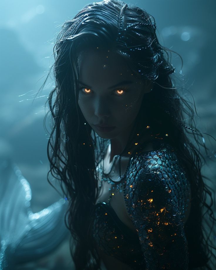 a close up of a woman with glowing lights on her face and body in the water