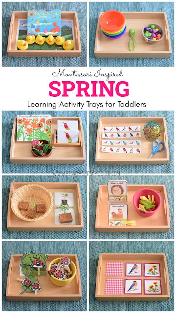 several different trays filled with various activities for toddlers to play in the spring